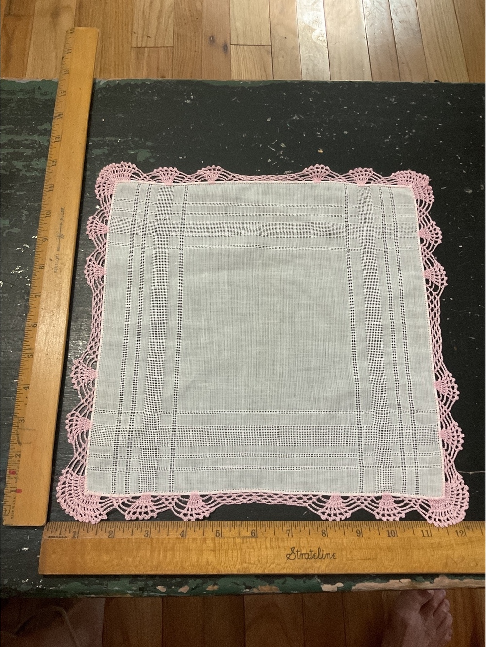 Vintage White Linen Handkerchief with Pink Crochet Lace Edging